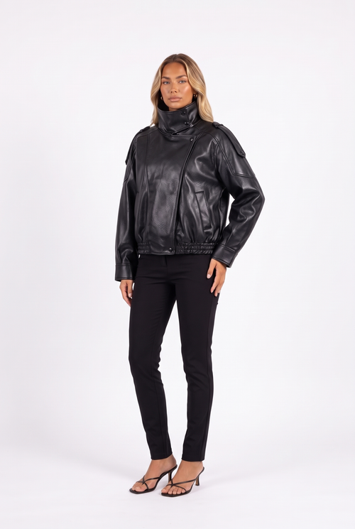 Black faux-leather cropped bomber with funnel collar — three-quarter